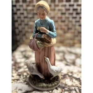 Vintage 8" Porcelain Figurine  Old Woman w/ a Basket  and geese